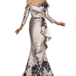 Terani Couture Silver Floral One Shoulder Dress